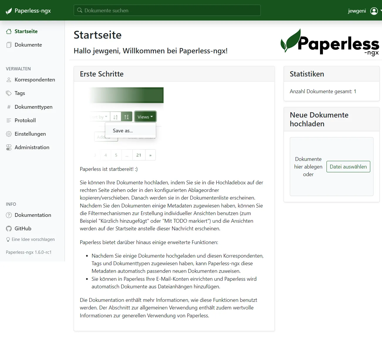 Paperless-NGX v1.6.0 dashboard (March 2022)