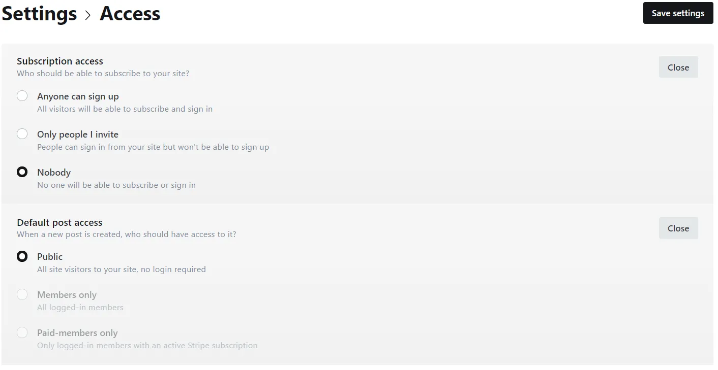 Zugriffseinstellungen im Ghost Dashboard
