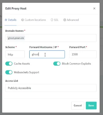 Image of the proxy host settings