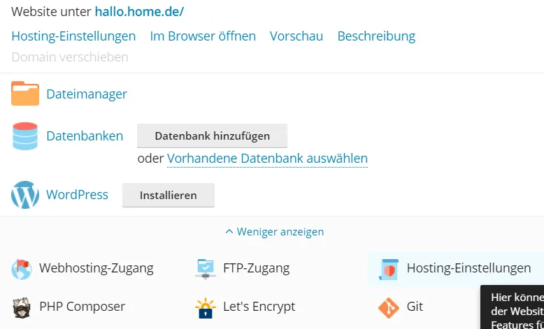 Einstellungen der Subdomain