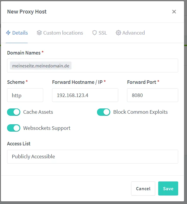 Subdomain, IP-Adresse und Port eingeben