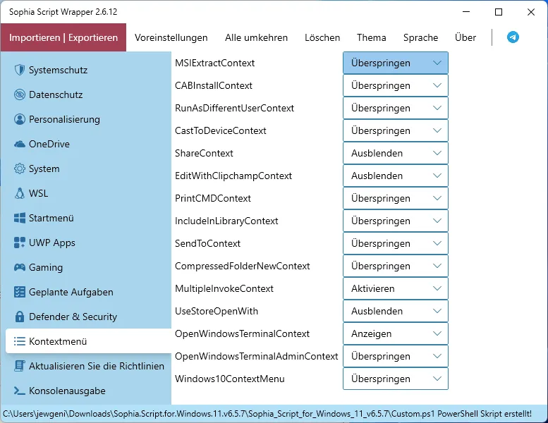 Sophia Script Context Menu