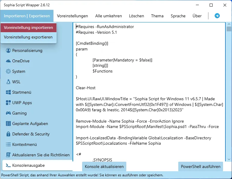 Sophia Script Export Settings