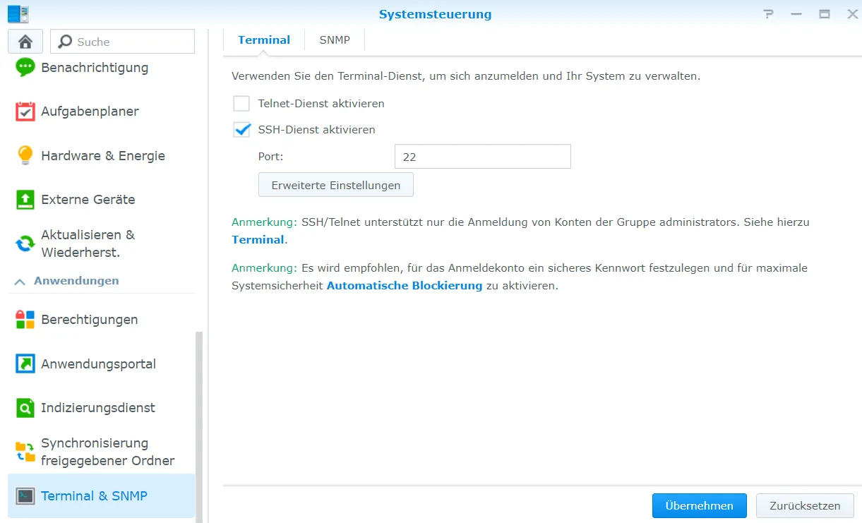 Enable SSH service in Synology DSM Control Panel