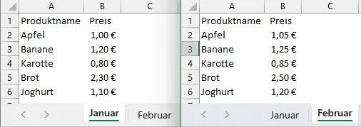 Tabelle mit mehreren Arbeitsblättern