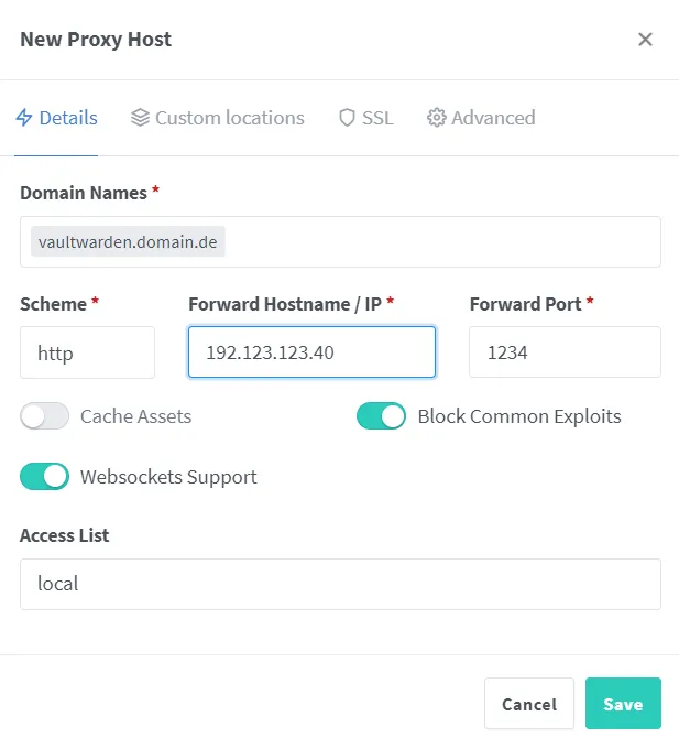 Vaultwarden Proxy Host